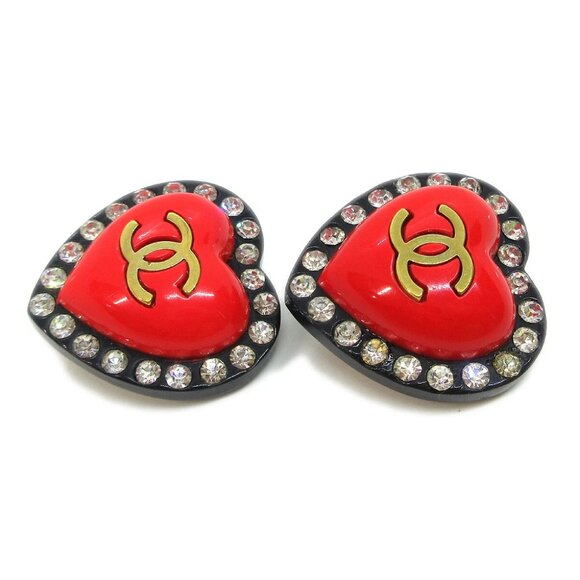 Chanel Heart Rhinestone Earrings Clip-On Red Black 95P GS02310e - Picture 2 of 4